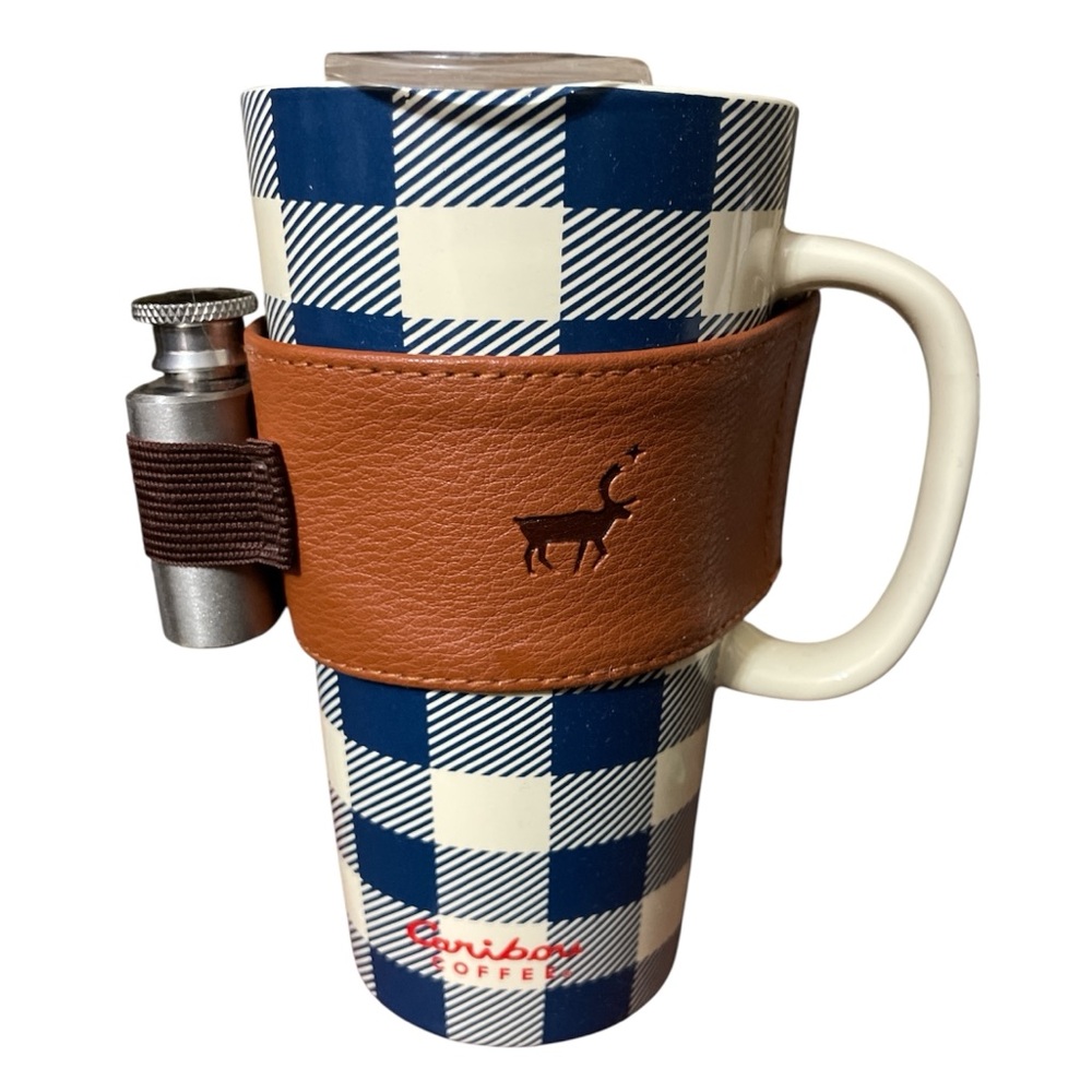 Caribou Coffee Blue and White Checkered Mug with Brown Leather Sleeve w/flask